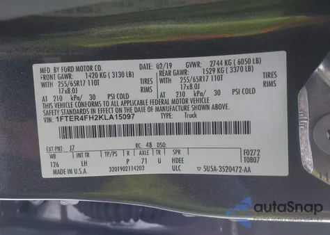 2019 Ford Ranger Xlt из США, поврежденный, VIN 1FTER4FH2KLA15097